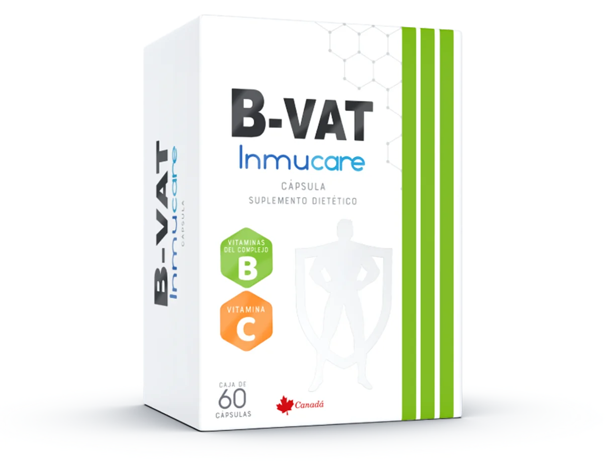 B-VAT Inmucare — caja del producto con vitaminas B y C, 60 tabletas
