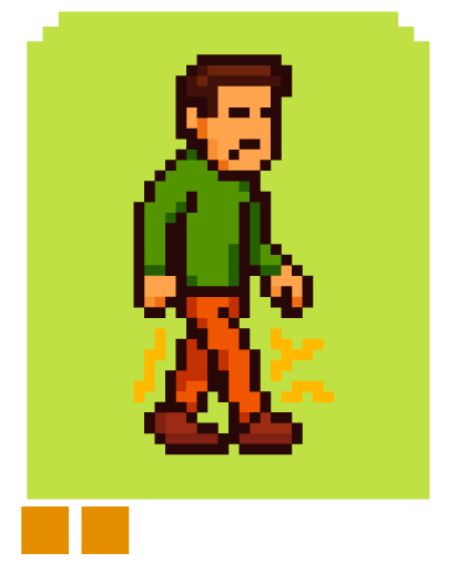 Personaje pixel art con calambre en la pierna